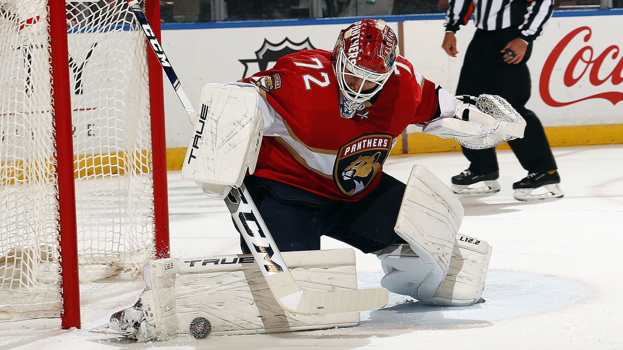 SUNRISE, FL - OCTOBER 21: Goaltender Sergei Bobrovsky #72 of the Florida Panthers defends the net against the Colorado Avalanche during the first period at the FLA Live Arena on October 21, 2021 in Sunrise, Florida.