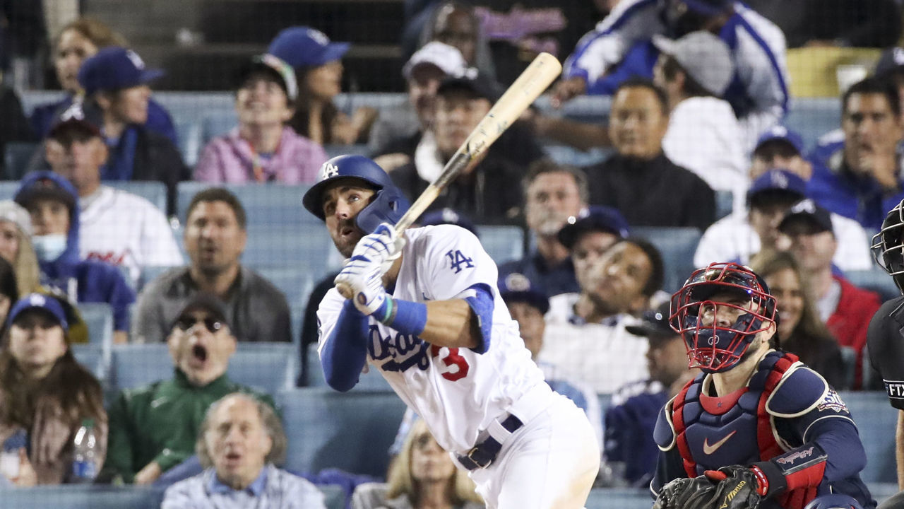 Los Angeles, CA - October 21: Los Angeles Dodgers' Chris Taylor looks up after hitting a solo home run during the seventh inning in game five in the 2021 National League Championship Series against the Atlanta Braves at Dodger Stadium on Thursday, Oct. 21, 2021 in Los Angeles, CA. (Luis Sinco / Los Angeles Times via Getty Images)