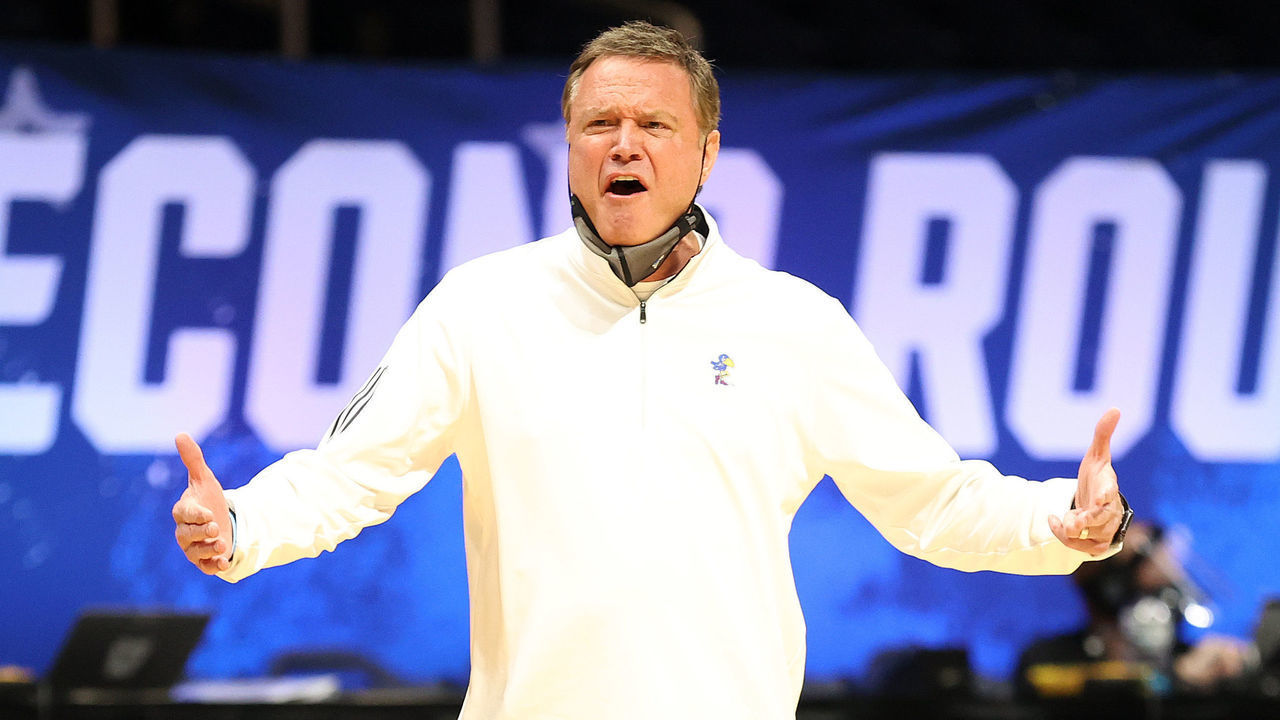 INDIANAPOLIS, INDIANA - MARCH 22: Head coach Bill Self of the Kansas Jayhawks reacts in the first half of their second round game against the USC Trojans in the 2021 NCAA Men's Basketball Tournament at Hinkle Fieldhouse on March 22, 2021 in Indianapolis, Indiana.