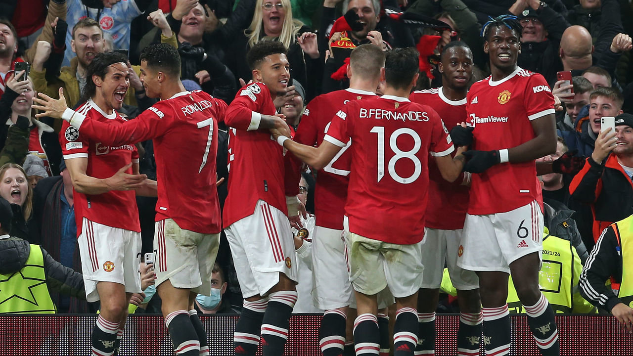 MANCHESTER, ENGLAND - OCTOBER 20: Cristiano Ronaldo of Manchester United celebrates scoring their third goal during the UEFA Champions League group F match between Manchester United and Atalanta at Old Trafford on October 20, 2021 in Manchester, England.