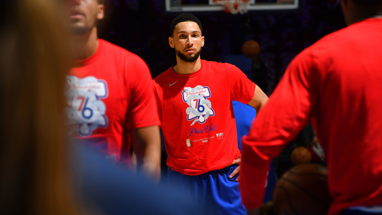 PHILADELPHIA, PA - JUNE 20: Ben Simmons #25 of the Philadelphia 76ers warms up prior to a game against the Atlanta Hawks during Round 2, Game 7 of the Eastern Conference Playoffs on June 20, 2021 at Wells Fargo Center in Philadelphia, Pennsylvania. NOTE TO USER: User expressly acknowledges and agrees that, by downloading and/or using this Photograph, user is consenting to the terms and conditions of the Getty Images License Agreement. Mandatory Copyright Notice: Copyright 2021 NBAE