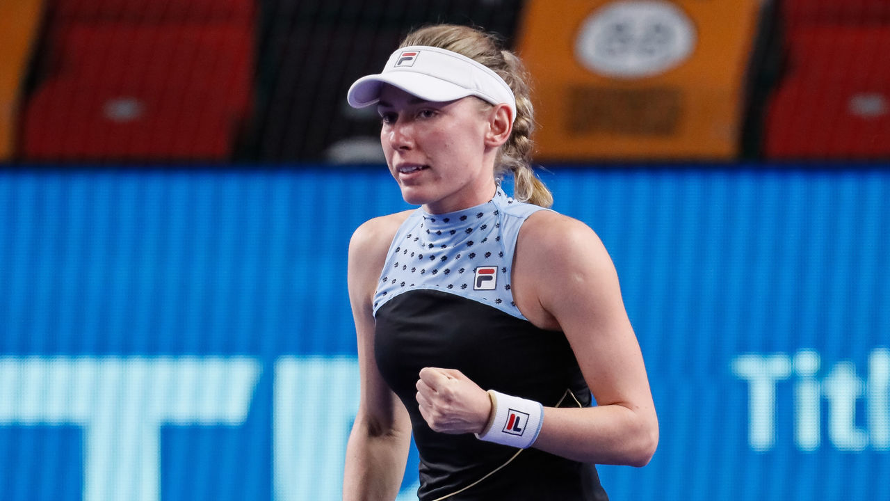Ekaterina Alexandrova of Russia celebrates during the women's singles quarterfinal tennis match of the WTA 500 VTB Kremlin Cup 2021 International Tennis Tournament against Aryna Sabalenka of Belarus at the Irina Viner-Usmanova Gymnastics Palace on October 22, 2021 in Moscow, Russia.