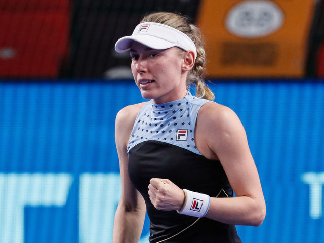 Ekaterina Alexandrova of Russia celebrates during the women's singles quarterfinal tennis match of the WTA 500 VTB Kremlin Cup 2021 International Tennis Tournament against Aryna Sabalenka of Belarus at the Irina Viner-Usmanova Gymnastics Palace on October 22, 2021 in Moscow, Russia.