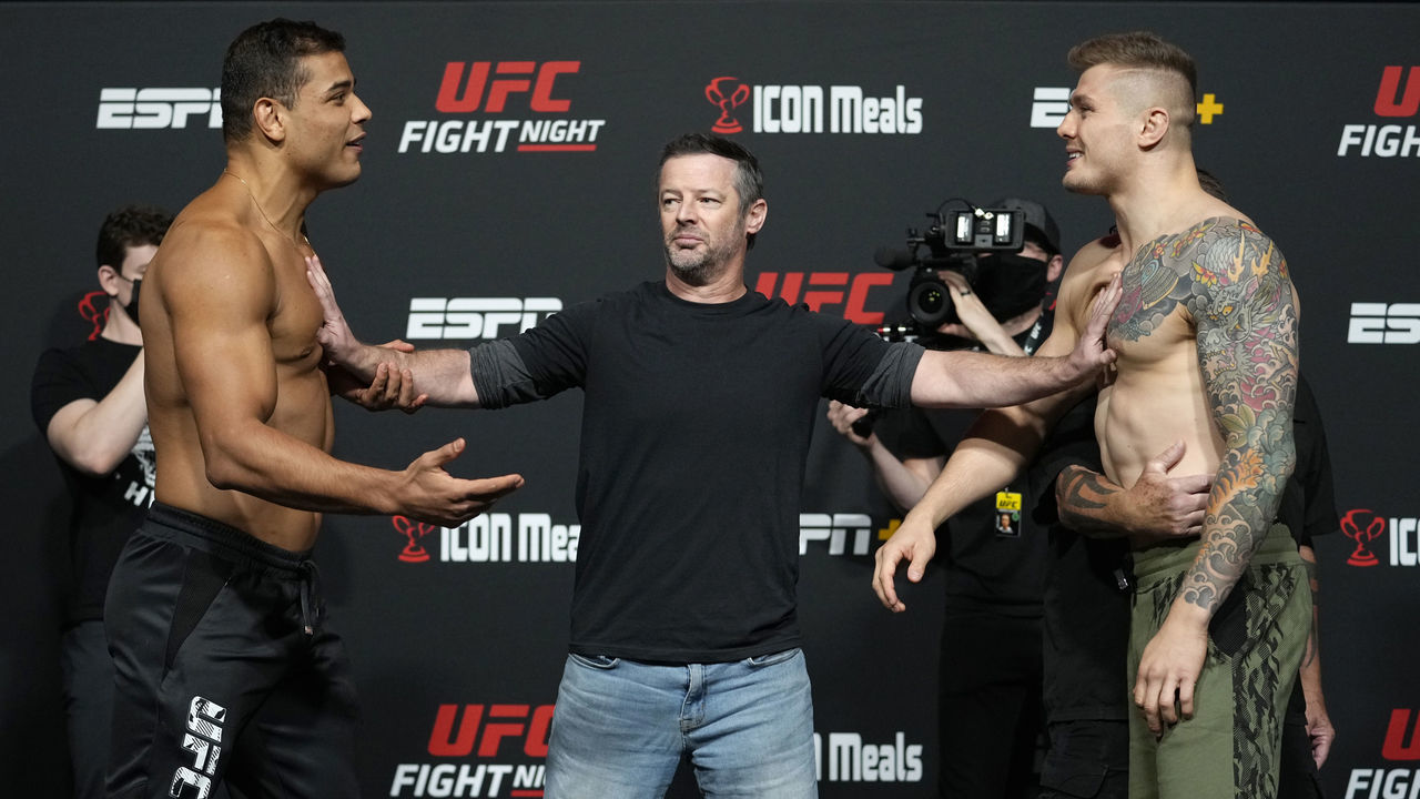 LAS VEGAS, NEVADA - OCTOBER 22: (L-R) Opponents Paulo Costa of Brazil and Marvin Vettori of Italy face off during the UFC Fight Night weigh-in at UFC APEX on October 22, 2021 in Las Vegas, Nevada.