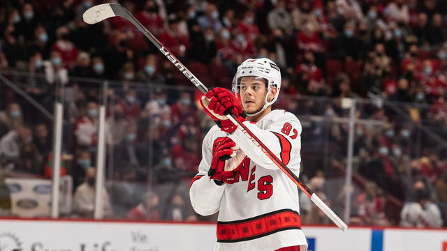 MONTREAL, QC - OCTOBER 21: Jesperi Kotkaniemi (82) of the Carolina Hurricanes looks on during the first period of the NHL game between the Carolina Hurricanes and the Montreal Canadiens on October 21, 2021, at the Bell Centre in Montreal, QC