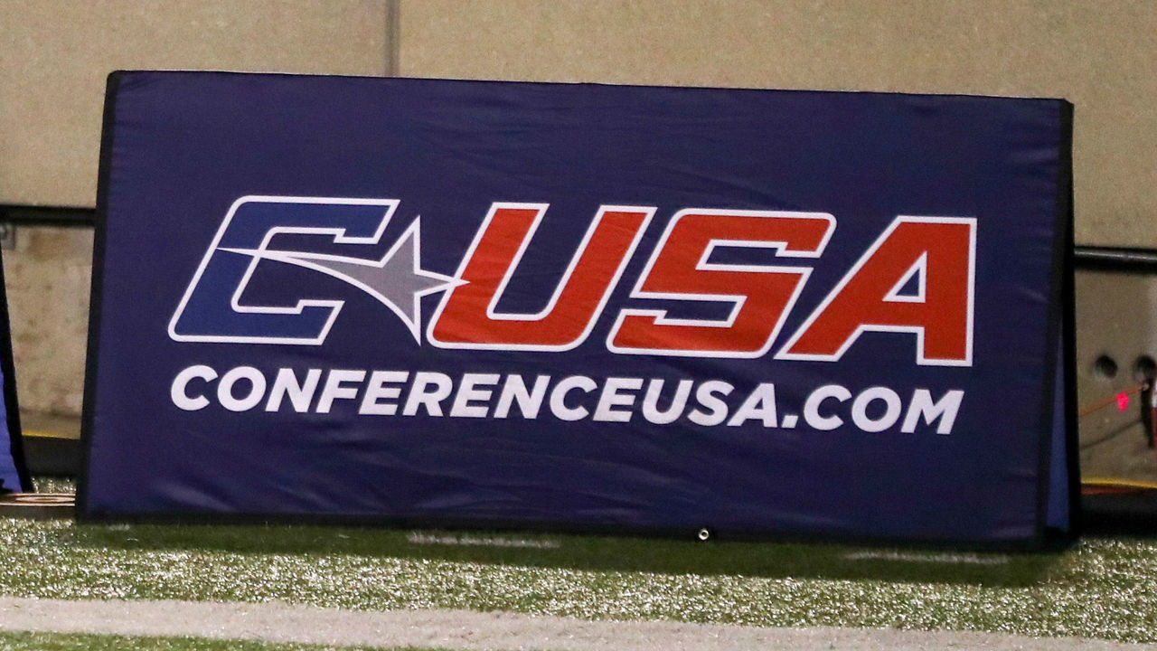 HUNTINGTON, WV - DECEMBER 18:The Ryan and Conference USA banners on the sideline during the first quarter of the 2020 Ryan C-USA Football Championship Game between the UAB Blazers and the Marshall Thundering Herd on October 24, 2020, at Joan C. Edwards Stadium in Huntington, WV.