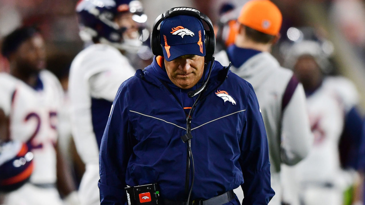 CLEVELAND, OHIO - OCTOBER 21: Head coach Vic Fangio of the Denver Broncos looks on during a game against the Cleveland Browns at FirstEnergy Stadium on October 21, 2021 in Cleveland, Ohio.