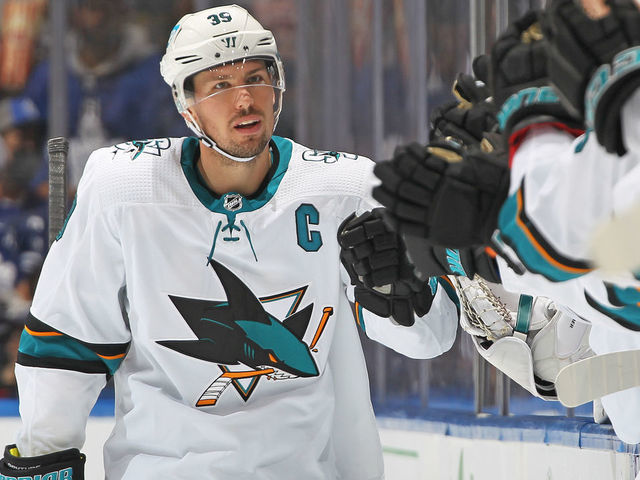 TORONTO, ON - OCTOBER 22: Logan Couture #39 of the San Jose Sharks celebrates a goal against the Toronto Maple Leafs during an NHL game at Scotiabank Arena on October 22, 2021 in Toronto, Ontario, Canada.