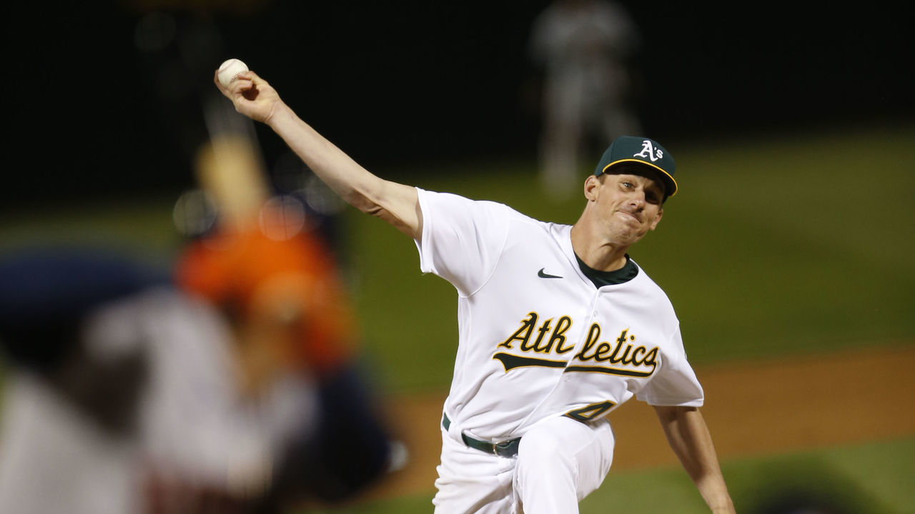 OAKLAND, CA - April 1: Chris Bassitt #40 of the Oakland Athletics pitches during the game against the Houston Astros at RingCentral Coliseum on April 1, 2021 in Oakland, California. The Astros defeated the Athletics 8-1.