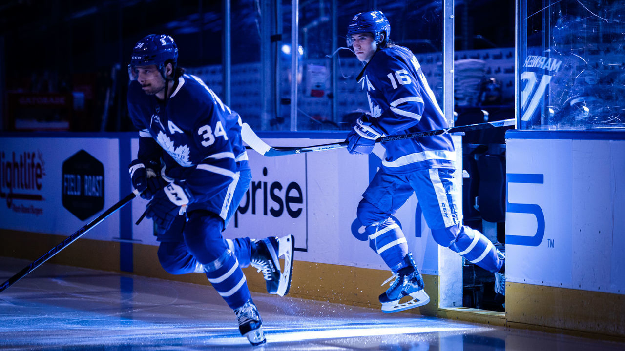TORONTO, ON - MAY 27: Mitchell Marner #16 of the Toronto Maple Leafs and Auston Matthews #34 during opening ceremonies before a game against the Montreal Canadiens before Game Five of the First Round of the 2021 Stanley Cup Playoffs at the Scotiabank Arena on May 27, 2021 in Toronto, Ontario, Canada.