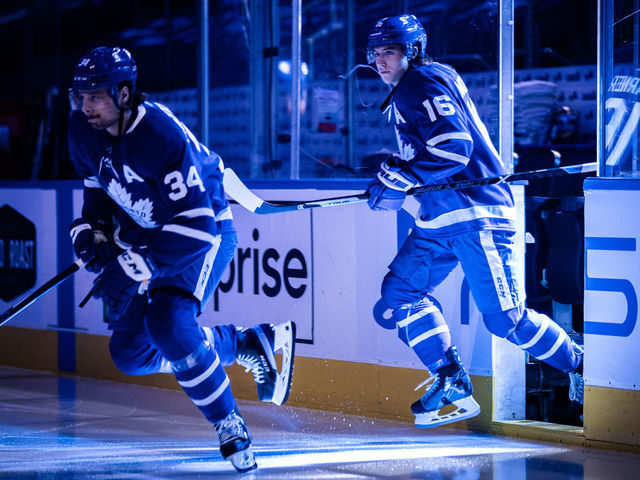 TORONTO, ON - MAY 27: Mitchell Marner #16 of the Toronto Maple Leafs and Auston Matthews #34 during opening ceremonies before a game against the Montreal Canadiens before Game Five of the First Round of the 2021 Stanley Cup Playoffs at the Scotiabank Arena on May 27, 2021 in Toronto, Ontario, Canada.