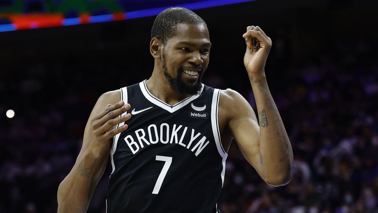 PHILADELPHIA, PENNSYLVANIA - OCTOBER 22: Kevin Durant #7 of the Brooklyn Nets reacts during the fourth quarter against the Philadelphia 76ers at Wells Fargo Center on October 22, 2021 in Philadelphia, Pennsylvania.
