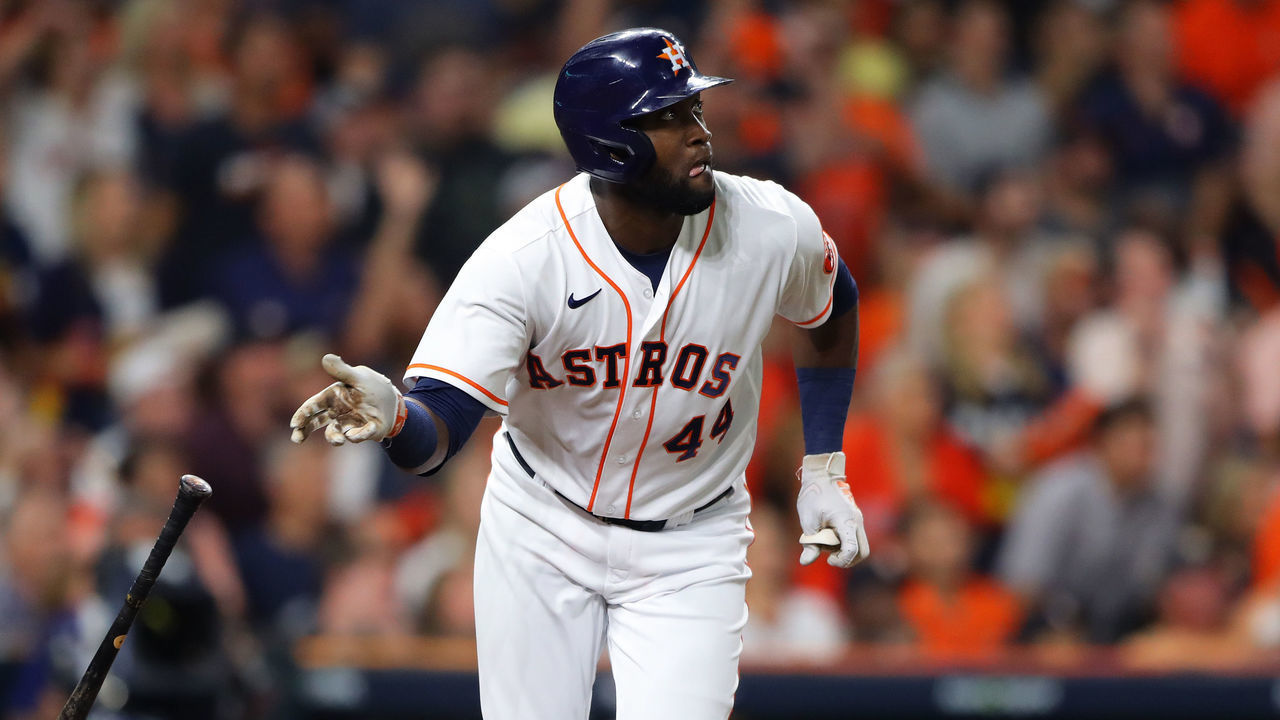 HOUSTON, TX - OCTOBER 22: Yordan Alvarez #44 of the Houston Astros hits a two-run double in the first inning during Game 6 of the ALCS between the Boston Red Sox and the Houston Astros at Minute Maid Park on Friday, October 22, 2021 in Houston, Texas.