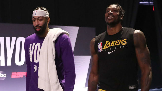 ORLANDO, FL - SEPTEMBER 18: Anthony Davis #3 and Dwight Howard #39 of the Los Angeles Lakers walk off the court after a game against the Denver Nuggets during Game One of the Western Conference Finals on September 18, 2020 in Orlando, Florida at AdventHealth Arena. NOTE TO USER: User expressly acknowledges and agrees that, by downloading and/or using this Photograph, user is consenting to the terms and conditions of the Getty Images License Agreement. Mandatory Copyright Notice: Copyright 2020 NBAE