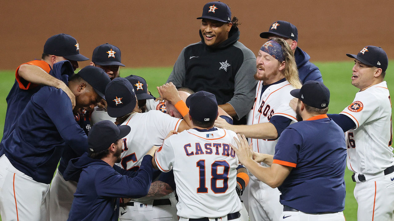 HOUSTON, TEXAS - OCTOBER 22: The Houston Astros celebrate after defeating the Boston Red Sox 5-0 in Game Six of the American League Championship Series to advance to the World Series at Minute Maid Park on October 22, 2021 in Houston, Texas.