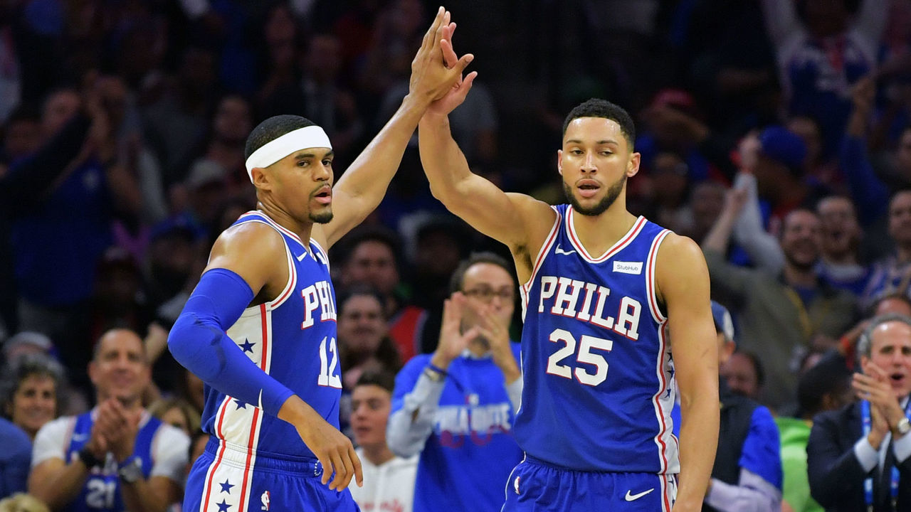 PHILADELPHIA, PA - OCTOBER 23: Tobias Harris #12 and Ben Simmons #25 of the Philadelphia 76ers celebrate during the game against the Boston Celtics at Wells Fargo Center on October 23, 2019 in Philadelphia, Pennsylvania.