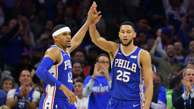 PHILADELPHIA, PA - OCTOBER 23: Tobias Harris #12 and Ben Simmons #25 of the Philadelphia 76ers celebrate during the game against the Boston Celtics at Wells Fargo Center on October 23, 2019 in Philadelphia, Pennsylvania.