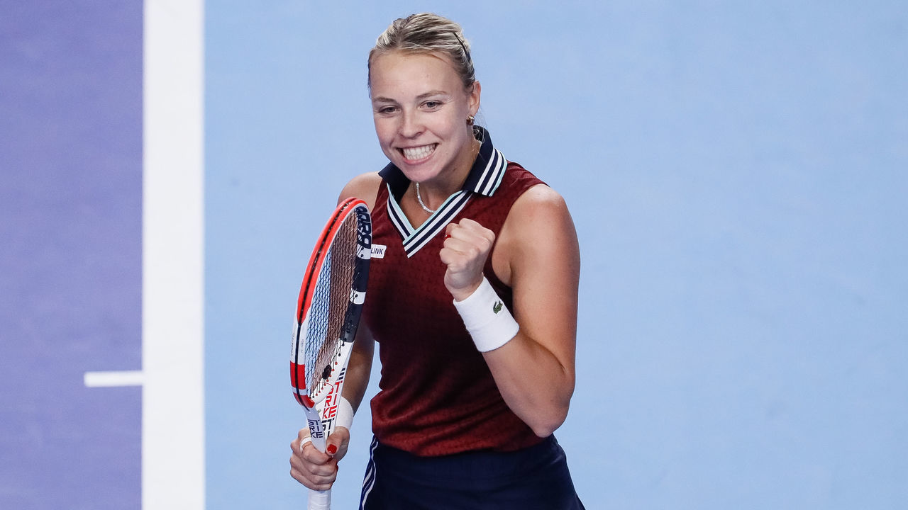 Anett Kontaveit of Estonia celebrates victory over Marketa Vondrousova of Czech Republic during the women's singles semifinal tennis match of the WTA 500 VTB Kremlin Cup 2021 International Tennis Tournament at the Irina Viner-Usmanova Gymnastics Palace on October 23, 2021 in Moscow, Russia.