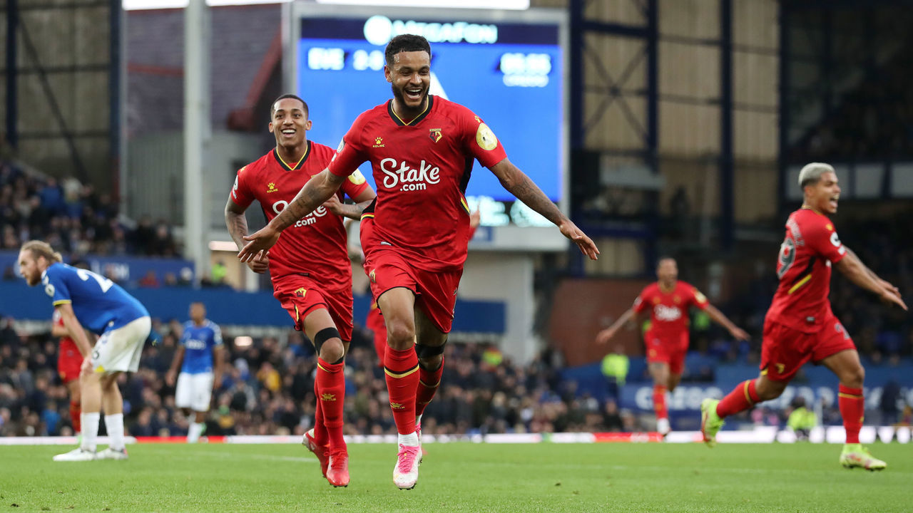LIVERPOOL, ENGLAND - OCTOBER 23: Joshua King of Watford FC celebrates after scoring their side's fourth goal during the Premier League match between Everton and Watford at Goodison Park on October 23, 2021 in Liverpool, England.