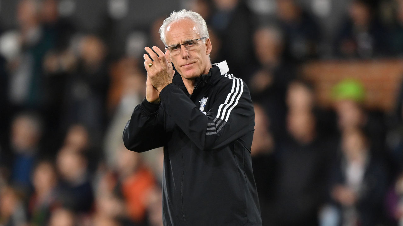 LONDON, ENGLAND - OCTOBER 20: Mick McCarthy, Manager of Cardiff City applauds the fans prior to the Sky Bet Championship match between Fulham and Cardiff City at Craven Cottage on October 20, 2021 in London, England.