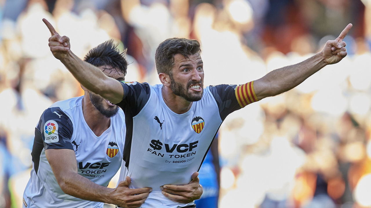 Jose Gaya of Valencia celebrates after scoring his sides first goal during the La Liga Santander match between Valencia CF and RCD Mallorca at Estadio Mestalla on October 23, 2021 in Valencia, Spain.