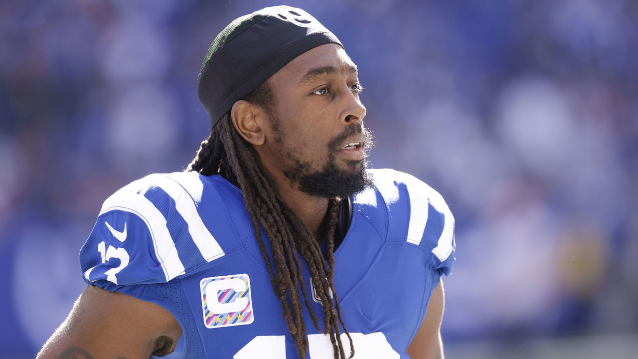 INDIANAPOLIS, IN - OCTOBER 17: T.Y. Hilton #13 of the Indianapolis Colts is seen during the game against the Houston Texans at Lucas Oil Stadium on October 17, 2021 in Indianapolis, Indiana.
