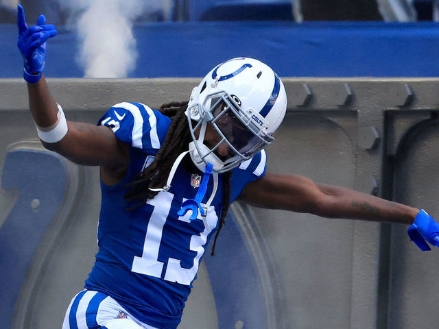INDIANAPOLIS, INDIANA - OCTOBER 17: T.Y. Hilton #13 of the Indianapolis Colts takes the field before a game against the Houston Texans at Lucas Oil Stadium on October 17, 2021 in Indianapolis, Indiana.