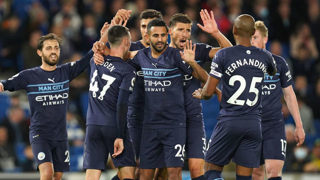 Manchester City's Riyad Mahrez (26) celebrates scoring their side's fourth goal of the game during the Premier League match at the AMEX Stadium, Brighton. Picture date: Saturday October 23, 2021.