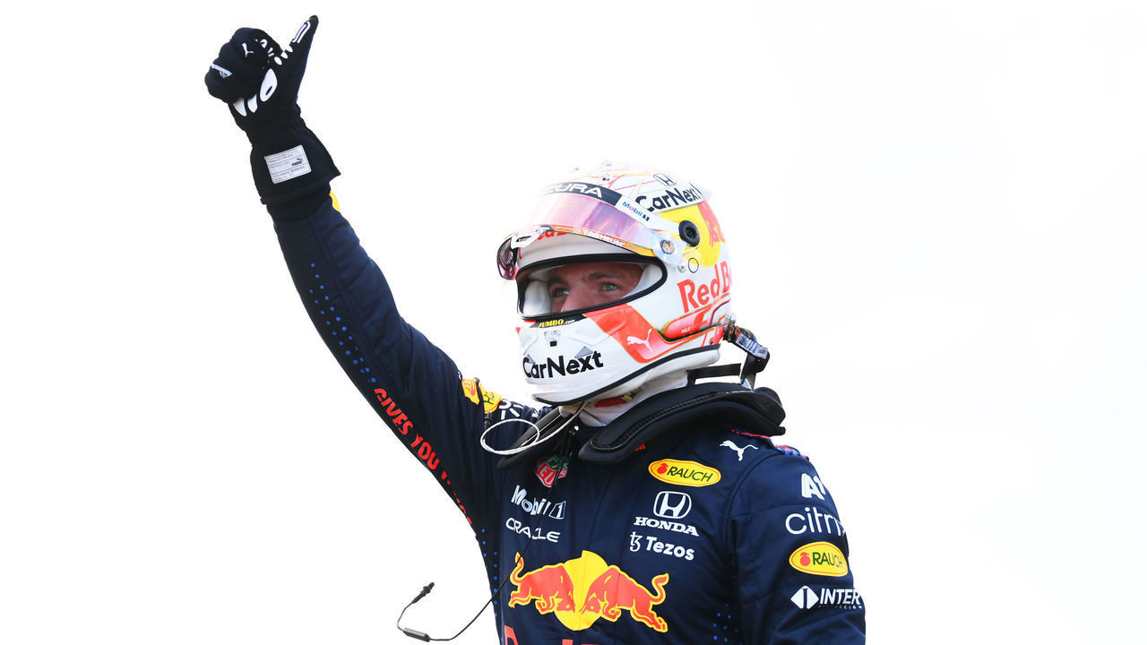 AUSTIN, TEXAS - OCTOBER 23: Pole position qualifier Max Verstappen of Netherlands and Red Bull Racing celebrates in parc ferme during qualifying ahead of the F1 Grand Prix of USA at Circuit of The Americas on October 23, 2021 in Austin, Texas.