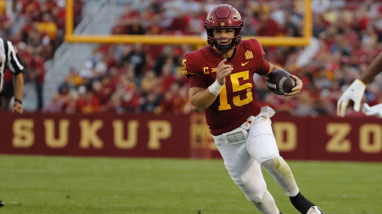 AMES, IA - OCTOBER 2: Quarterback Brock Purdy #15 of the Iowa State Cyclones scrambles for yards in the first half of play at Jack Trice Stadium on October 2, 2021 in Ames, Iowa. Then Iowa State Cyclones won 59-7 over the Kansas Jayhawks.