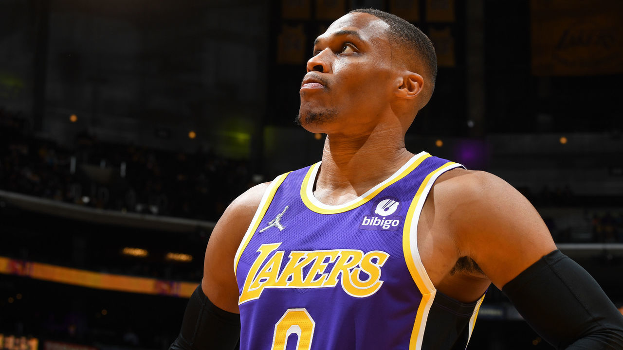 LOS ANGELES, CA - OCTOBER 22: A close up shot of Russell Westbrook #0 of the Los Angeles Lakers against the Phoenix Suns on October 22, 2021 at STAPLES Center in Los Angeles, California. NOTE TO USER: User expressly acknowledges and agrees that, by downloading and/or using this Photograph, user is consenting to the terms and conditions of the Getty Images License Agreement. Mandatory Copyright Notice: Copyright 2021 NBAE