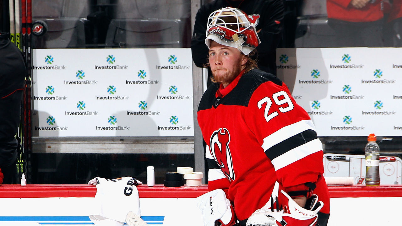NEWARK, NEW JERSEY - OCTOBER 04: Mackenzie Blackwood #29 of the New Jersey Devils skates in warm-ups prior to the game against the Washington Capitals in a tilt at the Prudential Center on October 04, 2021 in Newark, New Jersey.