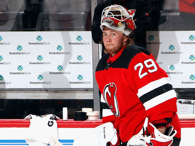 NEWARK, NEW JERSEY - OCTOBER 04: Mackenzie Blackwood #29 of the New Jersey Devils skates in warm-ups prior to the game against the Washington Capitals in a tilt at the Prudential Center on October 04, 2021 in Newark, New Jersey.