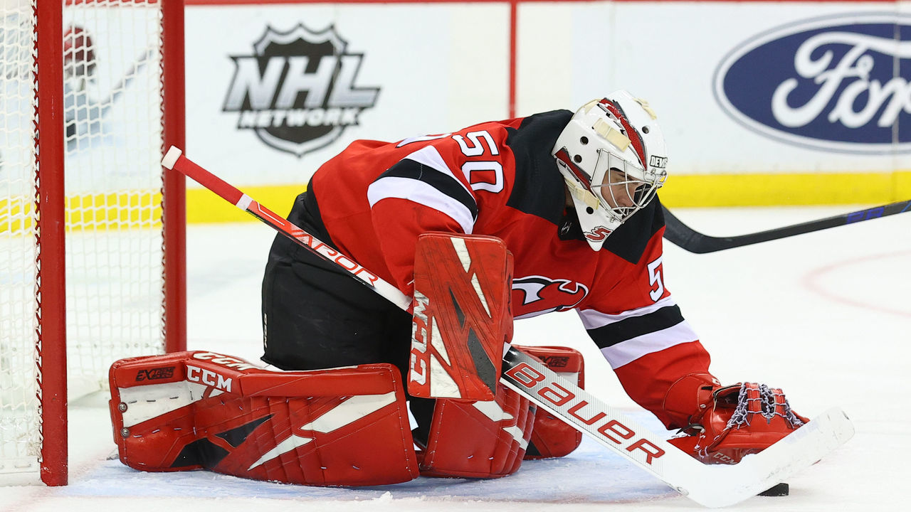 NEWARK, NJ - OCTOBER 23: New Jersey Devils goaltender Nico Daws (50) during his first National Hockey League game played between the New Jersey Devils and the Buffalo Sabres on October 23, 2021 at the Prudential Center in Newark, NJ.