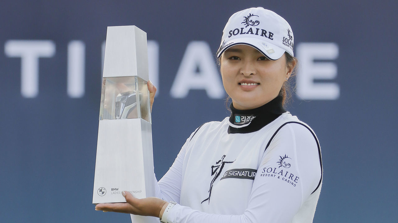 Jin Young Ko of South Korea react Win ceremony after match finish during an BMW LADIES CHAMPIONSHIP at LPGA International GC in Busan, South Korea. 2021 BMW LADIES CHAMPIONSHIP Winner is Jin Young Ko, score by -21 under par.