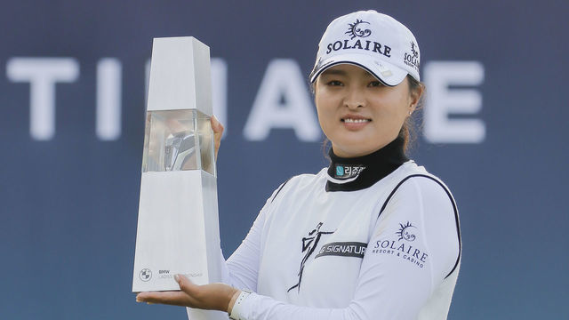 Jin Young Ko of South Korea react Win ceremony after match finish during an BMW LADIES CHAMPIONSHIP at LPGA International GC in Busan, South Korea. 2021 BMW LADIES CHAMPIONSHIP Winner is Jin Young Ko, score by -21 under par.