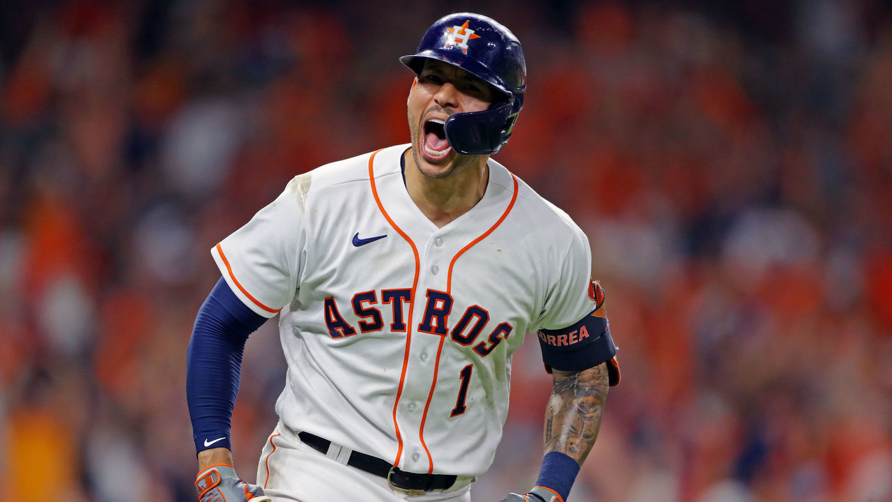 HOUSTON, TX - OCTOBER 15: Carlos Correa #1 of the Houston Astros rounds the bases after hitting a solo home run in the seventh inning during Game 1 of the ALCS between the Boston Red Sox and the Houston Astros at Minute Maid Park on Friday, October 15, 2021 in Houston, Texas.