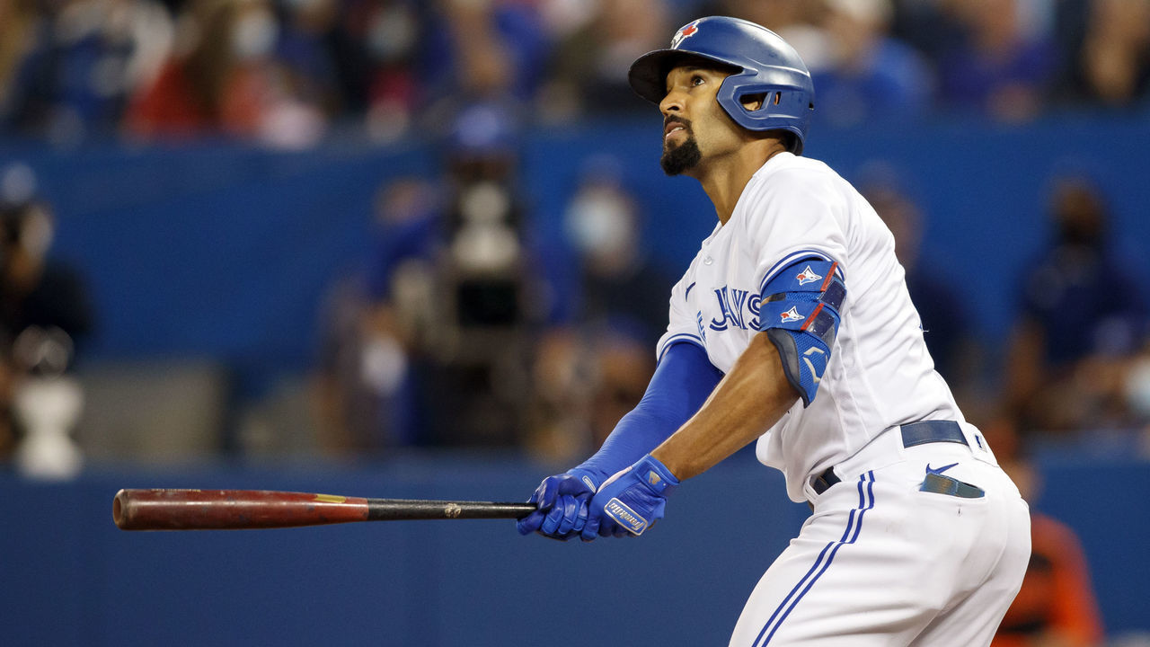 TORONTO, ON - OCTOBER 01: Marcus Semien #10 of the Toronto Blue Jays swings in the first inning of their MLB game against the Baltimore Orioles at Rogers Centre on October 1, 2021 in Toronto, Ontario.