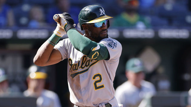 KANSAS CITY, MO - SEPTEMBER 16: Oakland Athletics centerfielder Starling Marte (2) bats during an MLB game against the Kansas City Royals on Sept. 16, 2021 at Kauffman Stadium in Kansas City, Mo.