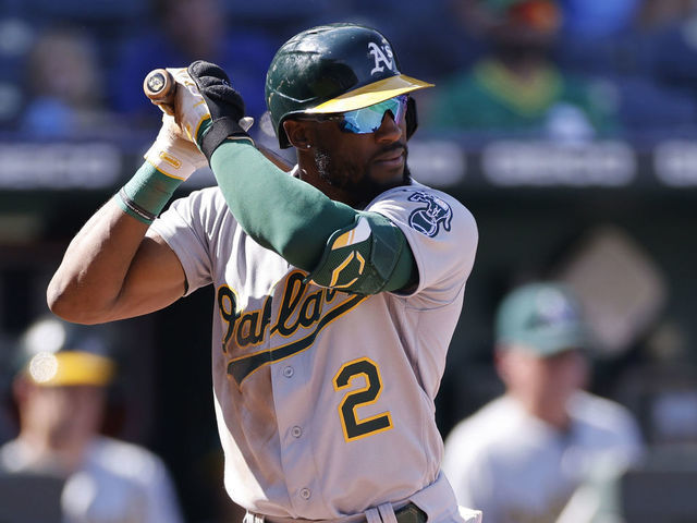 KANSAS CITY, MO - SEPTEMBER 16: Oakland Athletics centerfielder Starling Marte (2) bats during an MLB game against the Kansas City Royals on Sept. 16, 2021 at Kauffman Stadium in Kansas City, Mo.