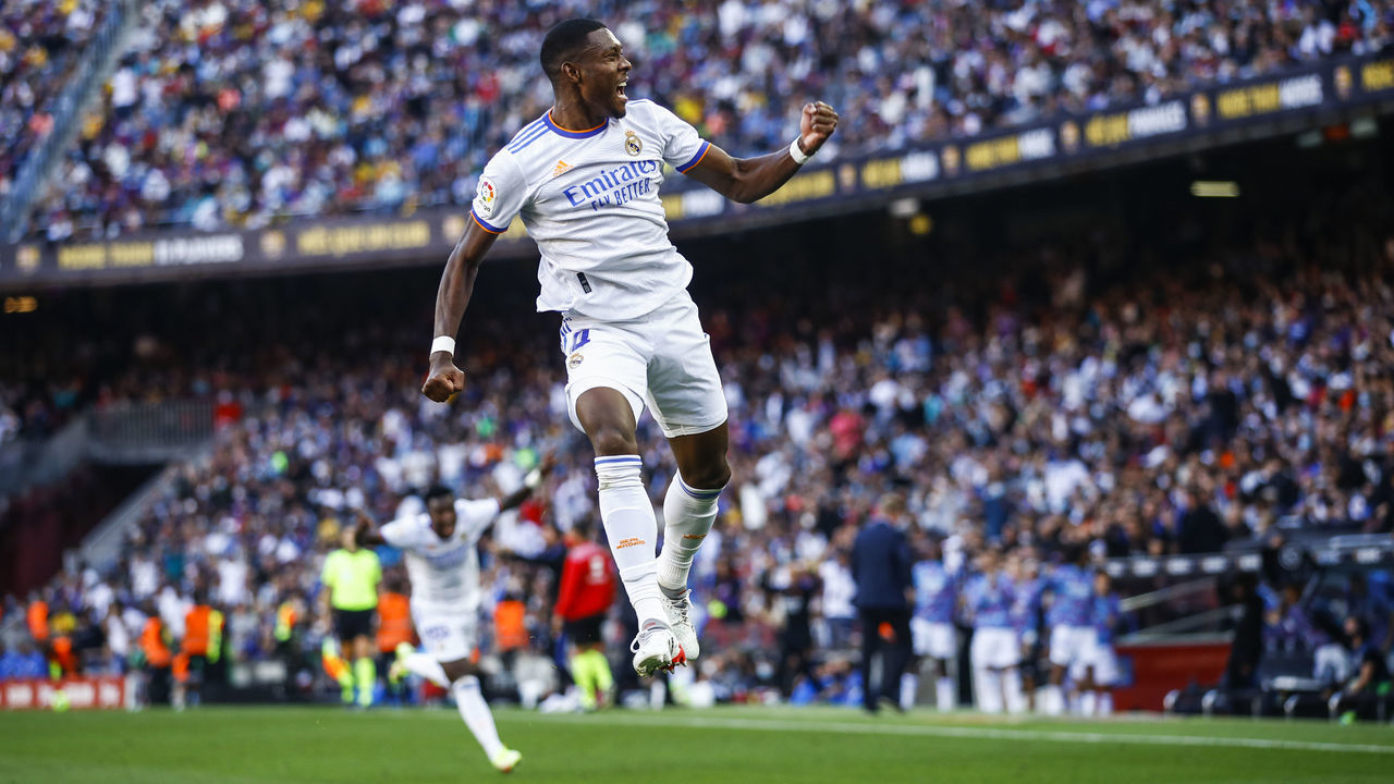 04 David Alaba of Real Madrid celebrates a goal during the La Liga Santader match between FC Barcelona and Real Madrid at Camp Nou Stadium on October 24, 2021 in Barcelona.