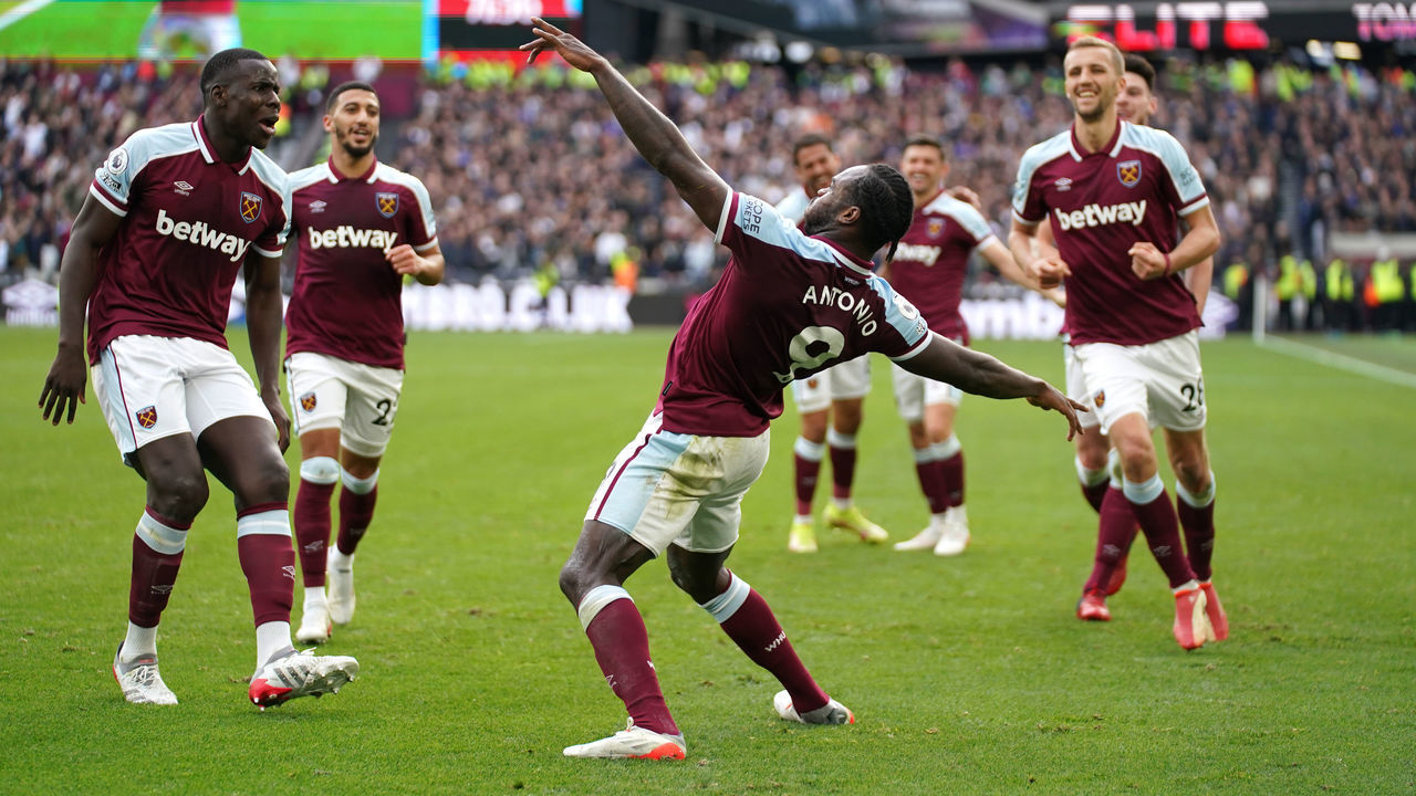 West Ham United's Michail Antonio celebrates scoring their side's first goal of the game during the Premier League match at the London Stadium, London. Picture date: Sunday October 24, 2021.