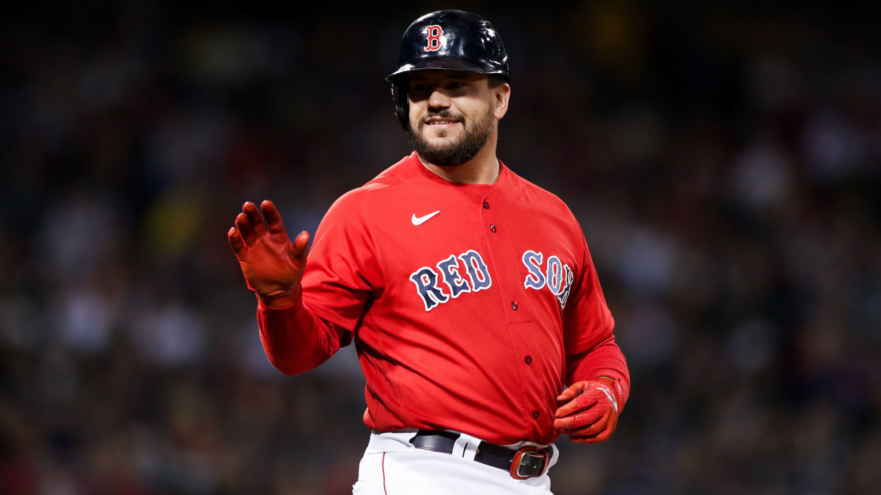 BOSTON, MA - OCTOBER 19: Kyle Schwarber #18 of the Boston Red Sox reacts after hitting a single in the second inning during Game 4 of the ALCS between the Houston Astros and the Boston Red Sox at Fenway Park on Tuesday, October 19, 2021 in Boston, Massachusetts.