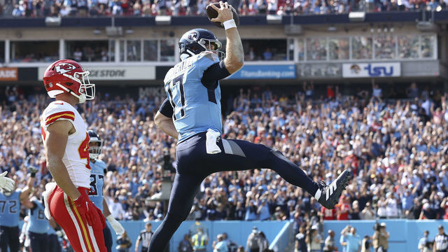 NASHVILLE, TENNESSEE - OCTOBER 24: Ryan Tannehill #17 of the Tennessee Titans celebrates after scoring a touchdown in the second quarter against the Kansas City Chiefs in the game at Nissan Stadium on October 24, 2021 in Nashville, Tennessee.