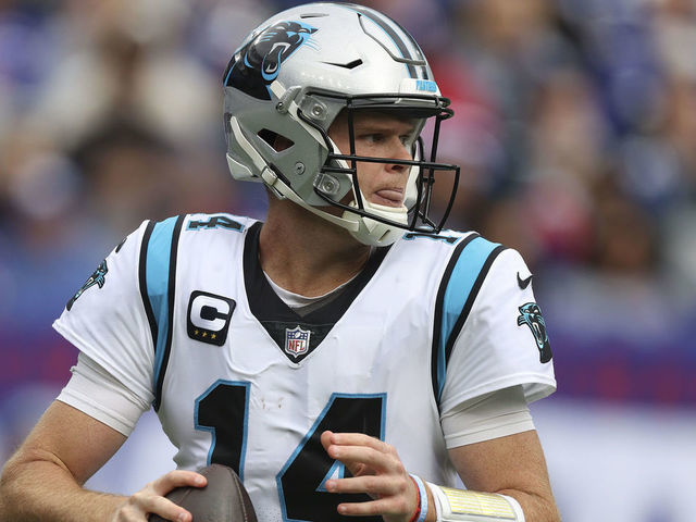 EAST RUTHERFORD, NEW JERSEY - OCTOBER 24: Sam Darnold #14 of the Carolina Panthers throws the ball during the first half in the game against the New York Giants at MetLife Stadium on October 24, 2021 in East Rutherford, New Jersey.