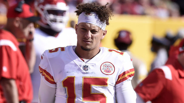 LANDOVER, MARYLAND - OCTOBER 17: Patrick Mahomes #15 of the Kansas City Chiefs watches the game against the Washington Football Team at FedExField on October 17, 2021 in Landover, Maryland.