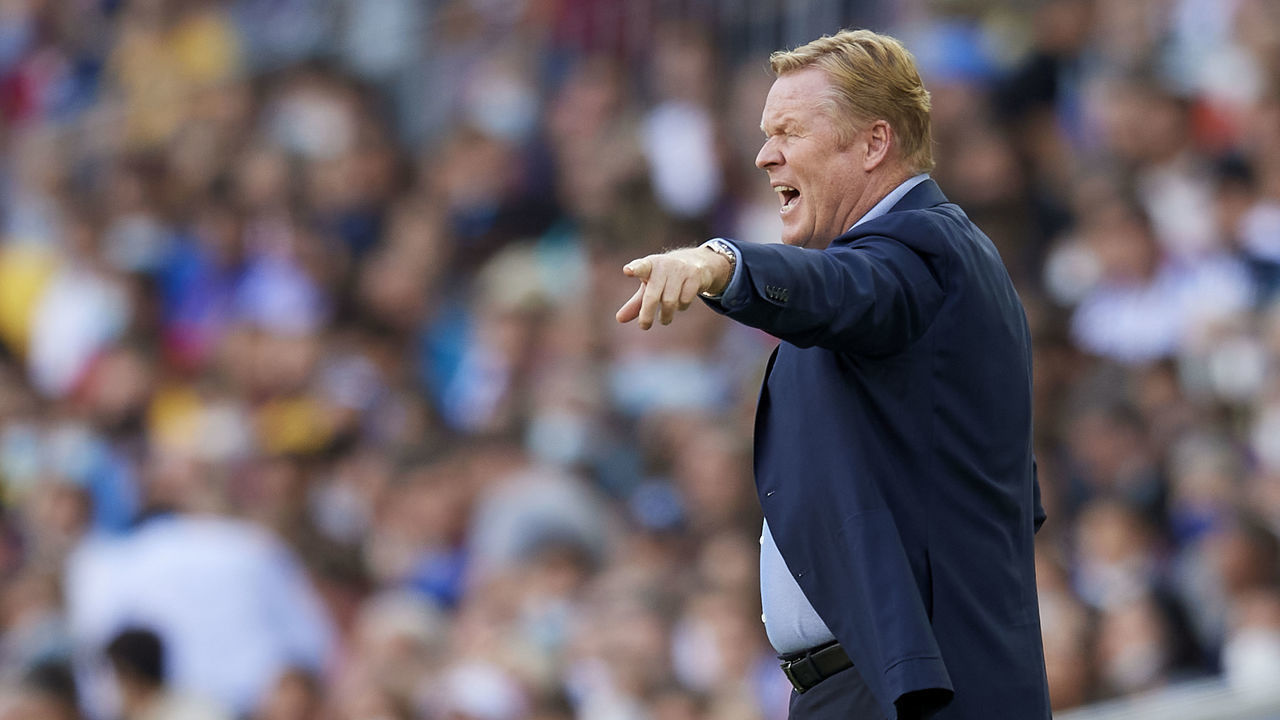 Ronald Koeman head coach of Barcelona reacts during the La Liga Santander match between FC Barcelona and Real Madrid CF at Camp Nou on October 24, 2021 in Barcelona, Spain.