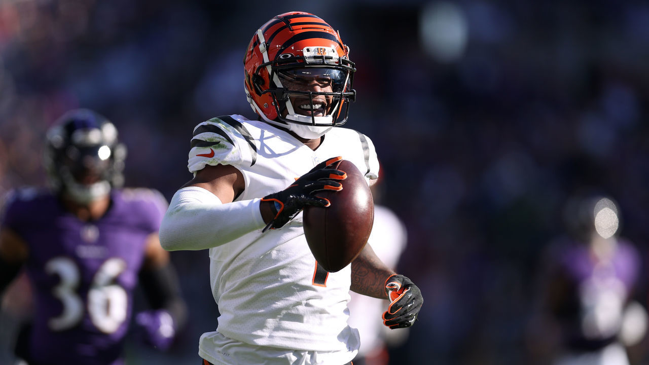 BALTIMORE, MARYLAND - OCTOBER 24: Ja'Marr Chase #1 of the Cincinnati Bengals celebrates a touchdown during the second half in the game against the Baltimore Ravens at M&T Bank Stadium on October 24, 2021 in Baltimore, Maryland.