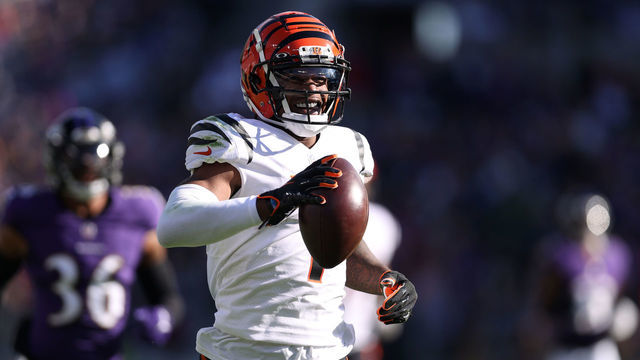 BALTIMORE, MARYLAND - OCTOBER 24: Ja'Marr Chase #1 of the Cincinnati Bengals celebrates a touchdown during the second half in the game against the Baltimore Ravens at M&T Bank Stadium on October 24, 2021 in Baltimore, Maryland.