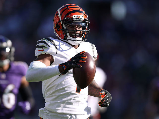 BALTIMORE, MARYLAND - OCTOBER 24: Ja'Marr Chase #1 of the Cincinnati Bengals celebrates a touchdown during the second half in the game against the Baltimore Ravens at M&T Bank Stadium on October 24, 2021 in Baltimore, Maryland.